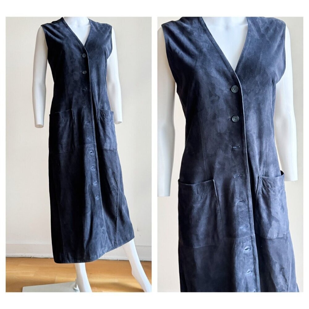 Vintage Jaeger Suede Navy Blue Button Down Midi Dres 6